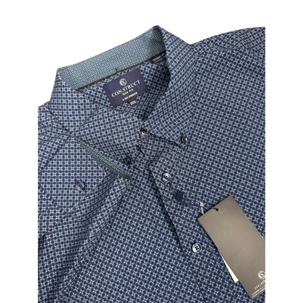 Con.Struct Mens XXL Slim Fit Blue Geometric 4-Way Stretch Button‎ Down Shirt NEW